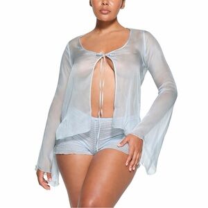 SKIMS Romance Silk Set- Tie Front Top and Smocked Shorts in Celeste Large